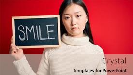  Presentation with young business woman smile show - Cool new presentation design with young-asian-woman-holding-blackboard backdrop and a lemonade colored foreground