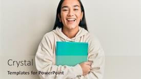  Presentation with asian - Beautiful PPT theme featuring young-asian-woman-holding-book backdrop and a soft green colored foreground