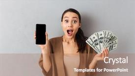  Presentation with mobile money - PPT layouts featuring young asian woman holding bunch background and a coral colored foreground
