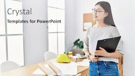  Presentation with asian - PPT layouts having young-asian-woman-holding-clipboard background and a light gray colored foreground