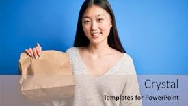  Presentation with food delivery - Audience pleasing PPT theme consisting of young-asian-woman-holding-delivery backdrop and a soft green colored foreground