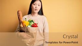  Presentation with yellow paper - Beautiful PPT layouts featuring young-asian-woman-holding-paper backdrop and a coral colored foreground