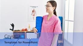  Presentation with physiotherapy - PPT layouts with young-asian-woman-holding-rehabilitation background and a teal colored foreground