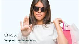  Presentation with defense - Presentation having young asian woman holding shopping bags on sales over isolated background with open hand doing stop sign with serious and confident expression defense gesture background and a sky blue colored foreground