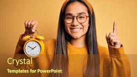  Presentation with vintage clock - Cool new slide deck with young-asian-woman-holding-vintage backdrop and a tawny brown colored foreground