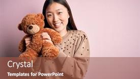  Presentation with teddy bear - Presentation theme having young-asian-woman-hugging-teddy background and a tawny brown colored foreground