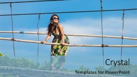  Presentation with suspension bridge - Amazing slide deck having young asian woman in floral dress suspension bridge in tropical bali backdrop and a light blue colored foreground