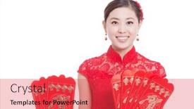  Presentation with chinese new year - Amazing slide deck having young asian woman in red cheongsam holds red envelope in chinese new year backdrop and a red colored foreground
