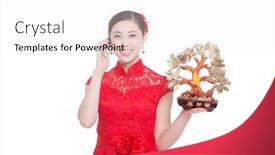  Presentation with chinese new year - PPT layouts having young asian woman in red cheongsam holds mobile phone and lucky tree in chinese new year background and a white colored foreground
