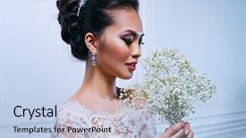  Presentation with white flowers - Colorful slide deck enhanced with young asian woman in white backdrop and a light blue colored foreground