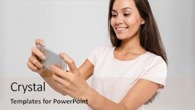  Presentation with mobile games - Beautiful PPT theme featuring young asian woman playing games backdrop and a coral colored foreground