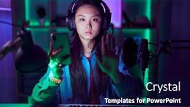  Presentation with video games playing - Presentation design with young-asian-woman-playing-video background and a navy blue colored foreground