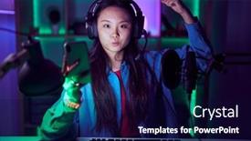  Presentation with video games playing - Slide deck featuring young-asian-woman-playing-video background and a  colored foreground