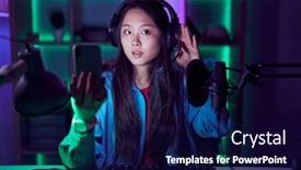  Presentation with ear - Slide set with young-asian-woman-playing-video background and a navy blue colored foreground
