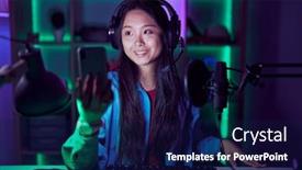  Presentation with video games playing - Slide set with young-asian-woman-playing-video background and a  colored foreground