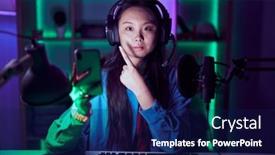  Presentation with video games playing - PPT layouts featuring young-asian-woman-playing-video background and a navy blue colored foreground