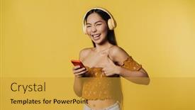  Presentation with asian music - PPT theme enhanced with young-asian-woman-pointing-finger background and a gold colored foreground