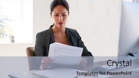  Presentation with woman office desk - Presentation design consisting of young asian woman reading documents background and a light blue colored foreground