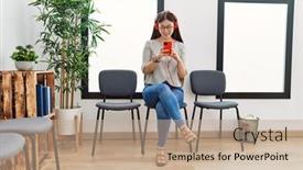  Presentation with waiting room - PPT theme with young-asian-woman-sitting-wearing background and a coral colored foreground