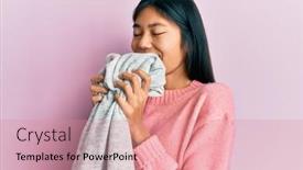 Presentation with laundry - Slide set with young-asian-woman-smelling-laundry background and a coral colored foreground