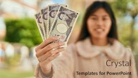  Presentation with happy smiling woman dental health - PPT layouts enhanced with young-asian-woman-smiling-happy background and a coral colored foreground