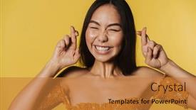  Presentation with good luck - PPT theme with young-asian-woman-smiling background and a gold colored foreground
