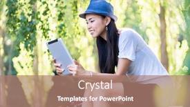  Presentation with outdoors - Theme having young asian woman smiling while using a tablet pc outdoors in the park background and a coral colored foreground