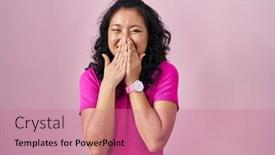  Presentation with asian - Slide deck enhanced with young-asian-woman-standing-over background and a coral colored foreground