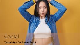  Presentation with asian - Presentation having young-asian-woman-standing-over background and a gold colored foreground