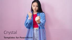  Presentation with asian - Presentation theme consisting of young-asian-woman-standing-over background and a coral colored foreground