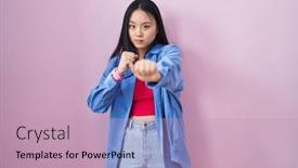 Presentation with violence woman - Slide set featuring young-asian-woman-standing-over background and a coral colored foreground