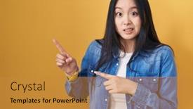  Presentation with asian - PPT layouts enhanced with young-asian-woman-standing-over background and a gold colored foreground