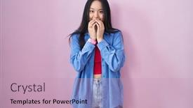  Presentation with asian - PPT layouts having young-asian-woman-standing-over background and a coral colored foreground