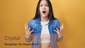  Presentation with asian - Presentation design consisting of young-asian-woman-standing-over background and a gold colored foreground