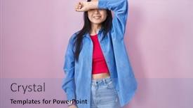  Presentation with blind - Presentation with young-asian-woman-standing-over background and a teal colored foreground