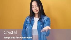  Presentation with acceptance - Presentation design featuring young-asian-woman-standing-over background and a teal colored foreground