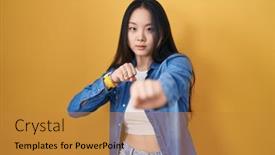  Presentation with violence woman - PPT layouts featuring young-asian-woman-standing-over background and a gold colored foreground