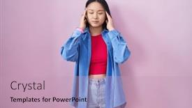  Presentation with migraine - Presentation design consisting of young-asian-woman-standing-over background and a coral colored foreground