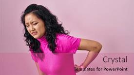  Presentation with backache - PPT layouts with young-asian-woman-standing-over background and a coral colored foreground
