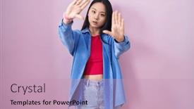  Presentation with frame pink - Slide deck enhanced with young-asian-woman-standing-over background and a coral colored foreground