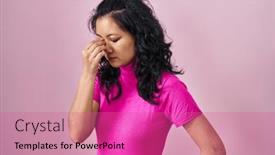  Presentation with headache - PPT theme with young-asian-woman-standing-over background and a coral colored foreground