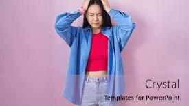  Presentation with migraine - Slide deck featuring young-asian-woman-standing-over background and a soft green colored foreground