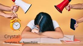  Presentation with tired - PPT theme consisting of young-asian-woman-tired background and a coral colored foreground