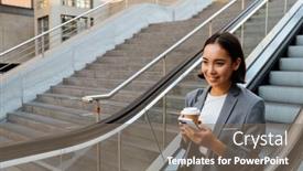  Presentation with asian - PPT layouts featuring young-asian-woman-using-cellphone background and a gray colored foreground