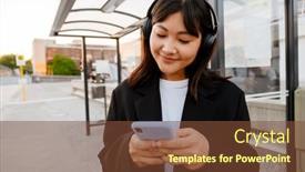 Presentation with bus station - Theme enhanced with young-asian-woman-using-cellphone background and a tawny brown colored foreground