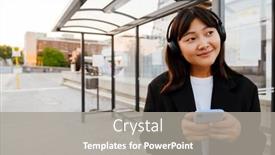  Presentation with bus station - PPT theme consisting of young-asian-woman-using-cellphone background and a gray colored foreground
