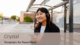  Presentation with bus station - PPT layouts enhanced with young-asian-woman-using-cellphone background and a mint green colored foreground