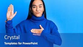  Presentation with hand palm - Slides featuring young-asian-woman-wearing-casual background and a cobalt blue colored foreground