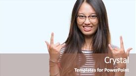  Presentation with teal design music symbol - Presentation design featuring young asian woman wearing glasses background and a violet colored foreground