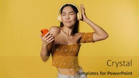  Presentation with asian music - PPT theme having young-asian-woman-wearing-top background and a gold colored foreground
